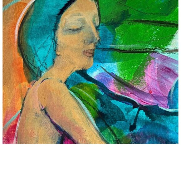 Original Art Work, Vibrant Acrylic Abstract Woman with Blue and Green Accents - Picture 4 of 9